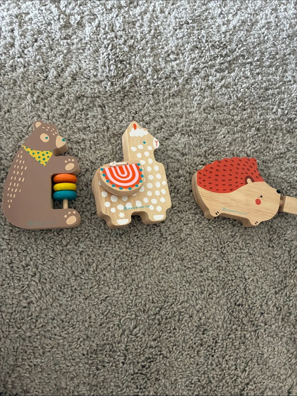 Wooden Animal Pull & Rattle Toy Trio - Neutral, Red, Orange, Teal Accents